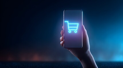 Hand holding smartphone with glowing shopping cart icon, representing online shopping and e-commerce.
