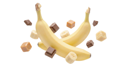 Two bananas and chocolate chunks floating in the air