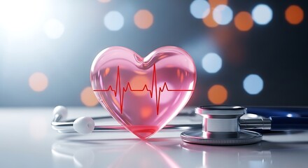 Heart health concept with stethoscope and heartbeat line on a pink heart