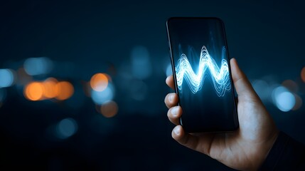 Hand holding smartphone with glowing waveform on screen at night.