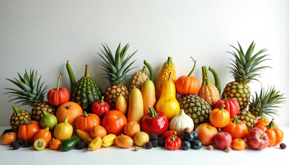 Colorful arrangement various fresh fruits vegetables on white backdrop. Pineapple pumpkin pear apple kiwi berries arranged creatively. Healthy food eco design table display background.