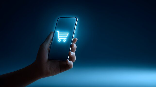 Hand holding smartphone with glowing shopping cart icon on screen, representing online shopping and e-commerce.