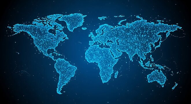 Digital world map visualization with glowing blue lines and dark background