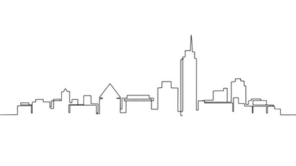 Obraz premium Continuous one line art drawing of a modern city skyline, minimalist urban landscape illustration in a single stroke vector style