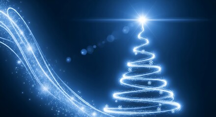 Abstract christmas tree with blue light trails on dark background