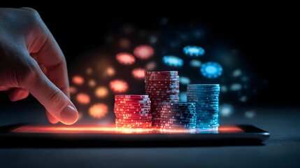 Hand Interacting with Digital Casino Chips on a Smartphone Screen, Representing Online Gambling and Betting.