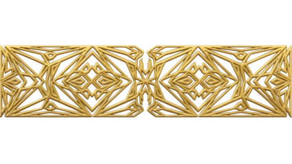 Ornate golden geometric decorative border element with intricate symmetrical pattern, isolated on transparent background, perfect for luxury design accents or architectural detail