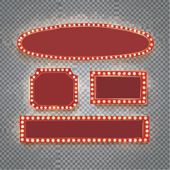 A collection of four vintage red marquee sign frames with glowing lightbulbs. Retro cinema and theater style billboards for text overlay