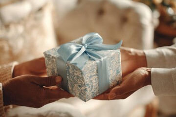 Close-up of Hands Exchanging a Blue and Silver Gift Box with Ribbon