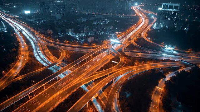 Aerial view of a complex highway interchange at night, illuminated by bright orange lights.