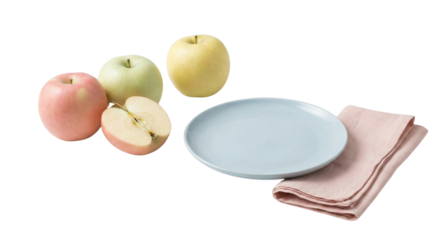 Fresh apples and a plate with a napkin on a white background
