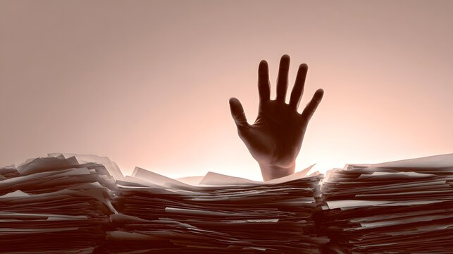 Hand Reaching Out from Under a Mountain of Paperwork, Symbolizing Overwhelm and Stress.