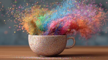 A speckled cup is on a wooden table releasing a burst of colorful glitter dust. The explosion creates a bright lively atmosphere filled with hues of blue pink and yellow.