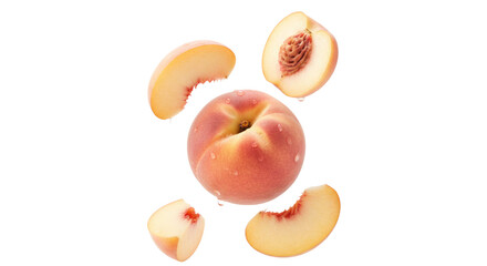 Fresh peach slices and whole peach levitating against white background