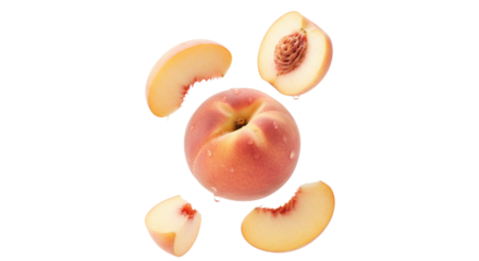 Fresh peach slices and whole peach levitating against white background