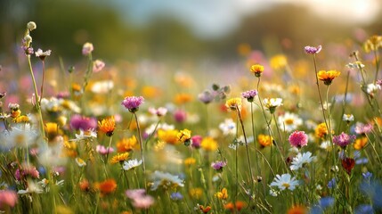 A bright wildflower meadow bursts with colorful blooms under the warm spring sunlight. Bees and butterflies flit among the flowers creating a lively atmosphere filled with nature's beauty.