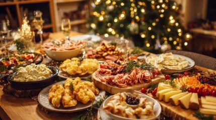 A table is set with an assortment of delicious food items including meats cheeses and salads. A glowing Christmas tree provides a warm backdrop adding to the festive spirit.