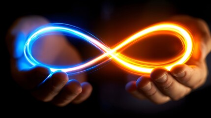 Hands holding a glowing infinity symbol with contrasting blue and orange light, representing balance and endless possibilities.
