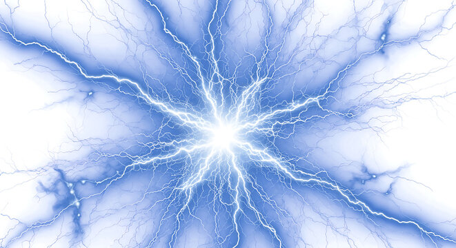 Dynamic electric blue lightning energy burst radiating outwards on black background