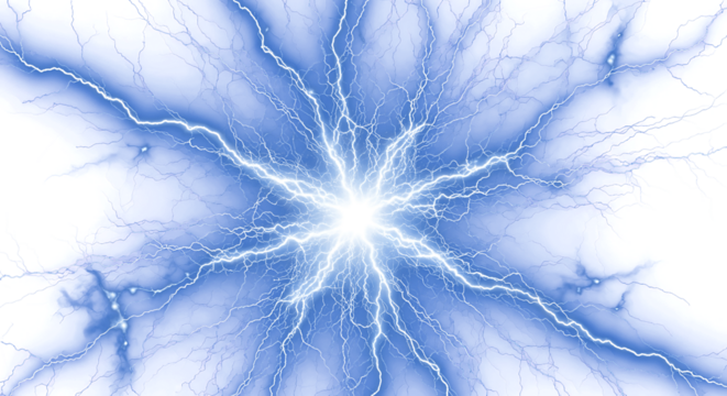 Dynamic electric blue lightning energy burst radiating outwards on black background - Powered by Adobe
