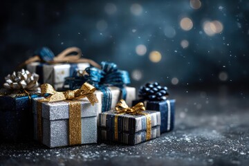 Sparkling Silver and Blue Christmas Gift Boxes with Gold Ribbons on Dark Background