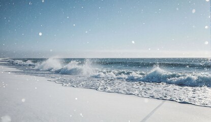 Icy blue winter waves on snowy coast - ultra realistic