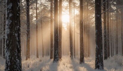 Frosty winter forest at sunrise - ultra realistic