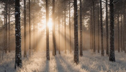 Frosty winter forest at sunrise - ultra realistic