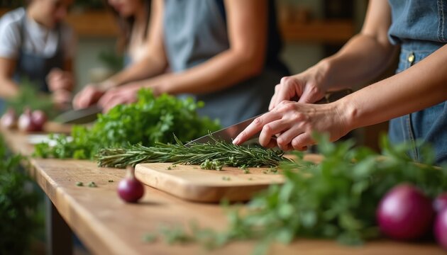 People prepare fresh food in cooking workshop. Hands chop herbs and vegetables on wooden table. Group learns culinary skills, enjoys healthy meal.