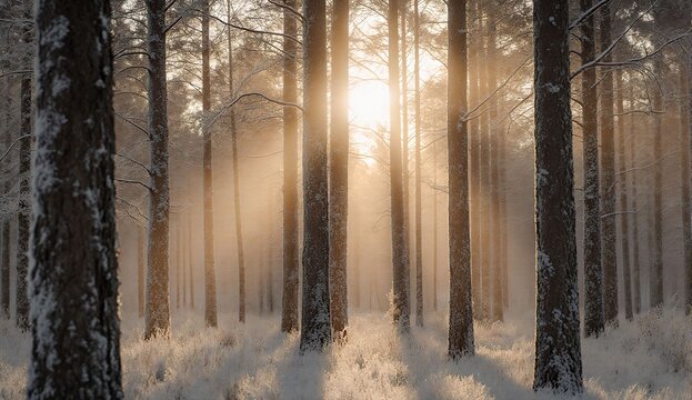 Frosty winter forest at sunrise - ultra realistic