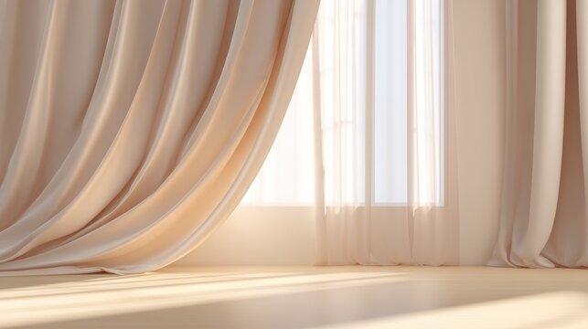 Soft light fills the room as sheer curtains billow gently creating a warm atmosphere. The sunlight highlights the smooth wooden floor in a peaceful setting.