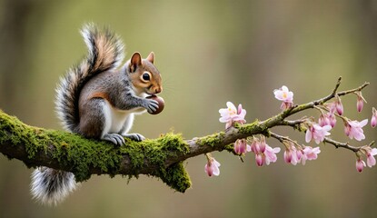 Squirrel on mossy spring branch - ultra realistic
