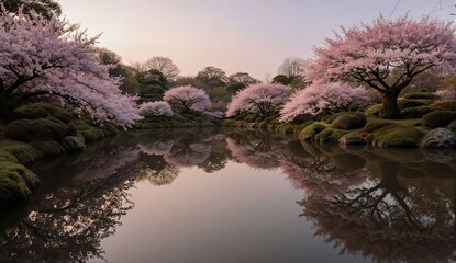 Japanese garden pond with spring blooms - ultra realistic