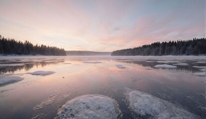 Frozen winter lake at pastel sunset - ultra realistic