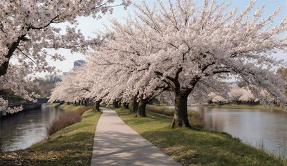 Early blooming cherry blossoms riverside - ultra realistic