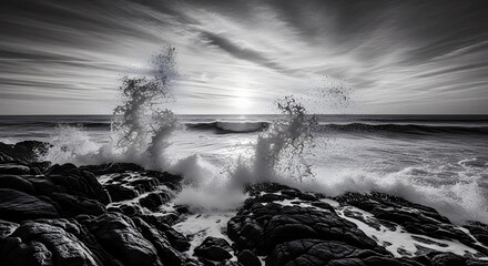 Dramatic Black and White Ocean Waves Crashing Against Rocky Shoreline at Sunset breaking