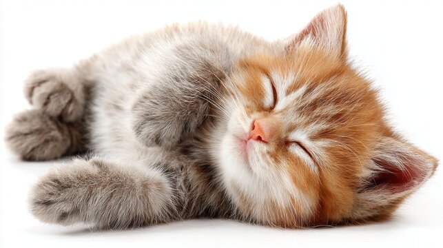 A small orange and gray kitten is curled up and sleeping soundly on a soft surface. Its fluffy fur and relaxed expression create a comforting and adorable scene.
