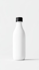 A white bottle with a black cap stands against a plain white background. The studio lighting creates a clean, minimalist aesthetic.