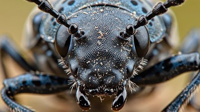 An incredibly detailed macro view of a fascinating blue beetle's face and compound eyes, revealing its textured exoskeleton and antennae in a natural setting.