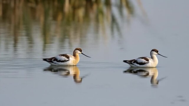 Two avocets with distinctive upturned beaks swim gracefully on calm water, reflections visible
