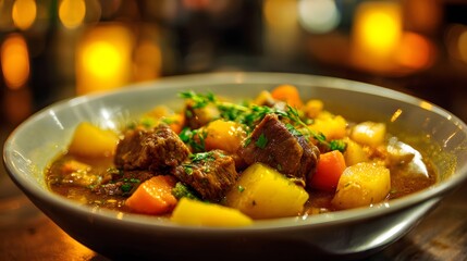 Hearty Beef Stew with Potatoes and Carrots in a Rustic Bowl.