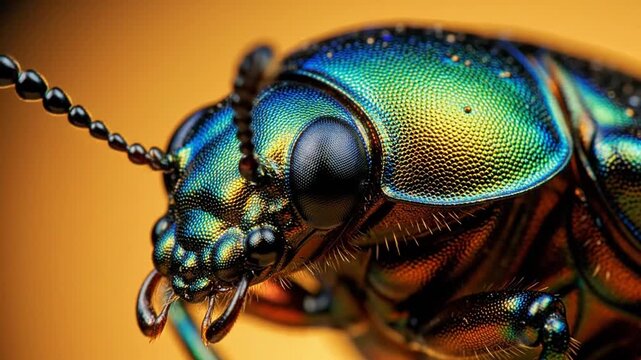 A mesmerizing close-up of a vibrant iridescent jewel beetle showcasing its intricate textured body and brilliant, metallic colors against a warm, blurred background, highlighting nature's.