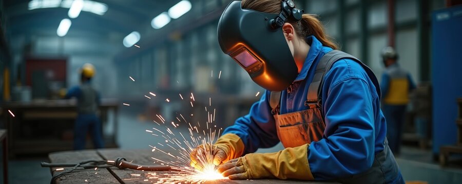 Female welder working in industrial factory. Woman wears protective mask uniform welding metal parts. Metalworker in workshop uses welding torch generating sparks. Industry production professional.