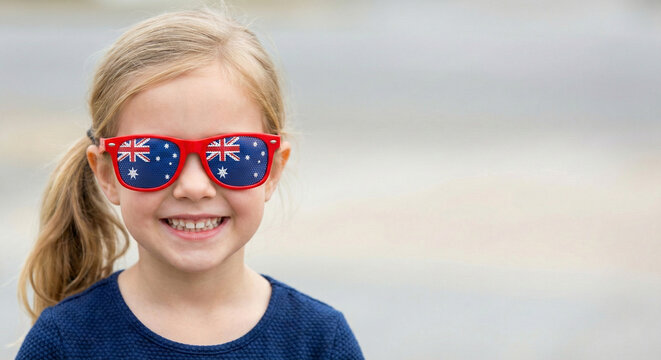 Smiling girl wearing Australian flag sunglasses outdoors