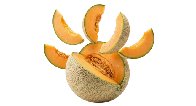 Fresh cantaloupe melon slices arranged creatively on white background