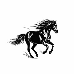 Dynamic black horse galloping with flowing mane and tail.