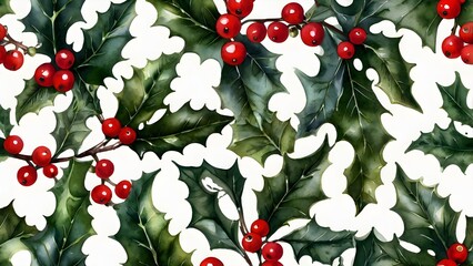christmas holly background,Holly Leaves and Berries Pattern