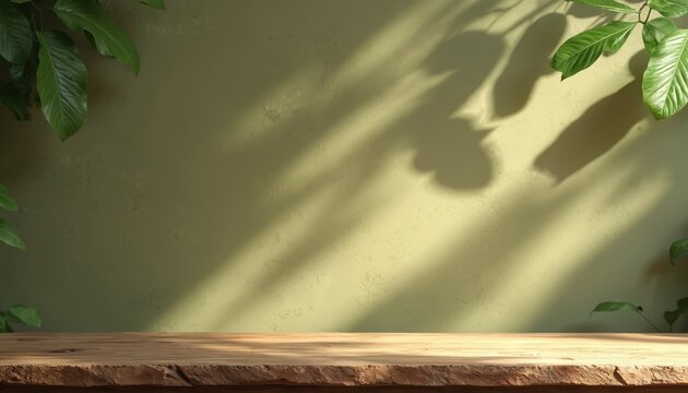 Wood table on khaki green wall with leaf shadow, sunlight. Empty rustic tabletop for product display. Natural background for organic cosmetics, food jewelry presentation. Minimal mockup scene for eco