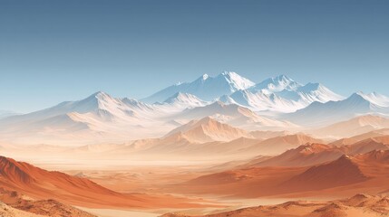 Naklejka premium A vast desert scene showcases towering snow capped mountains in the background under a clear blue sky. The golden sands stretch out beneath creating a stunning contrast.