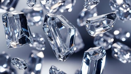 Transparent crystal fragments resembling ice shards, presented with detailed clarity. Soft lighting and selective focus create a realistic and clean visual effect.